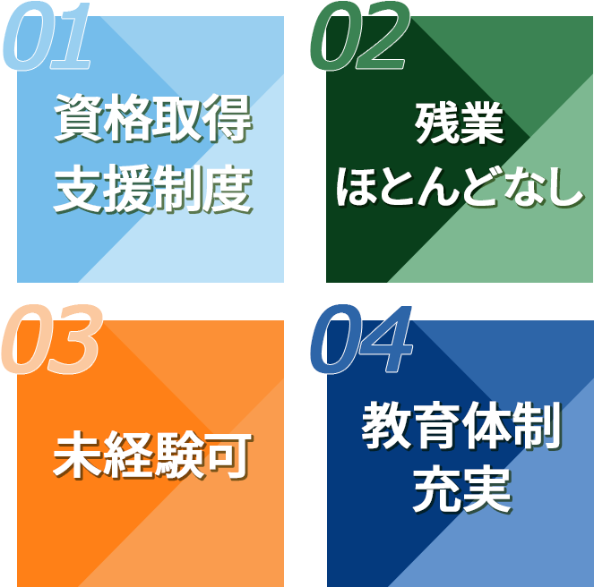 資格取得支援制度、残業ほとんどなし、未経験可、教育体制充実